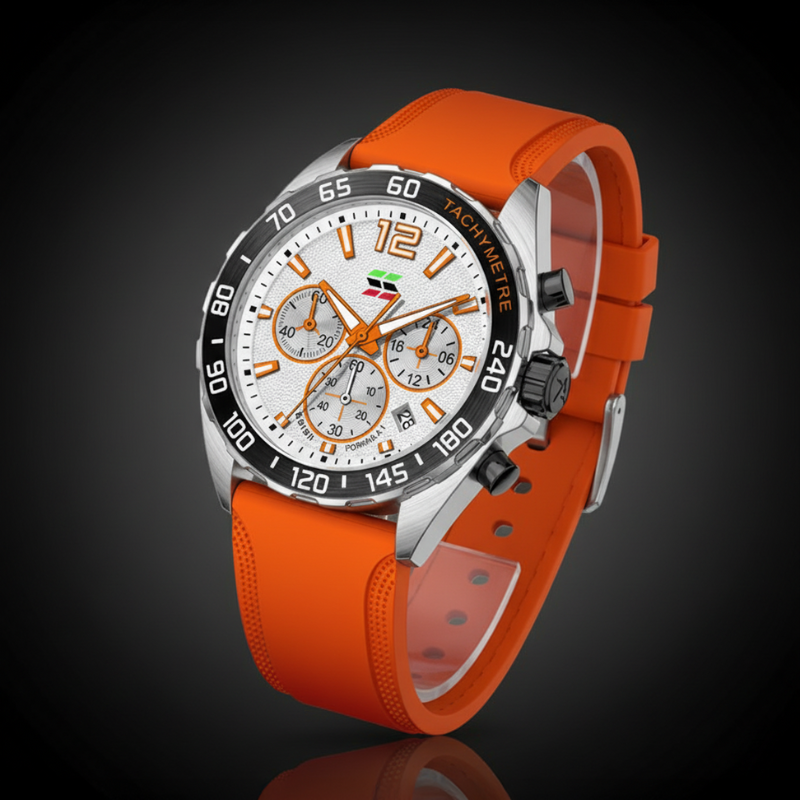 Apex Dusk men's quartz watch with luminous hands and date display, featuring a silver case, white dial with orange accents, and an orange silicone strap, presented against a dark background.