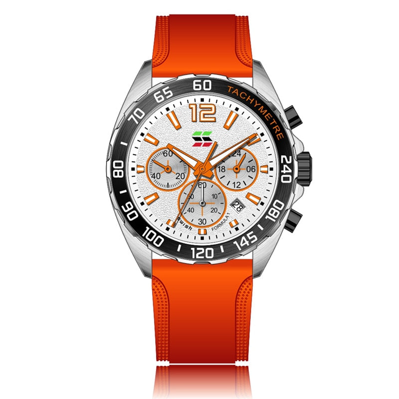 Front view of the Apex Dusk men's quartz watch with luminous hands and date display, showcasing a silver case, white dial with orange accents, and an orange silicone strap, on a clean white background.