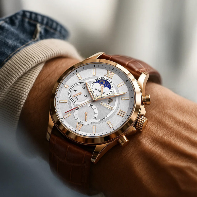 Aurelius Timepiece men's watch with gold case, white dial, brown leather strap, and moon phase feature on a man's wrist.