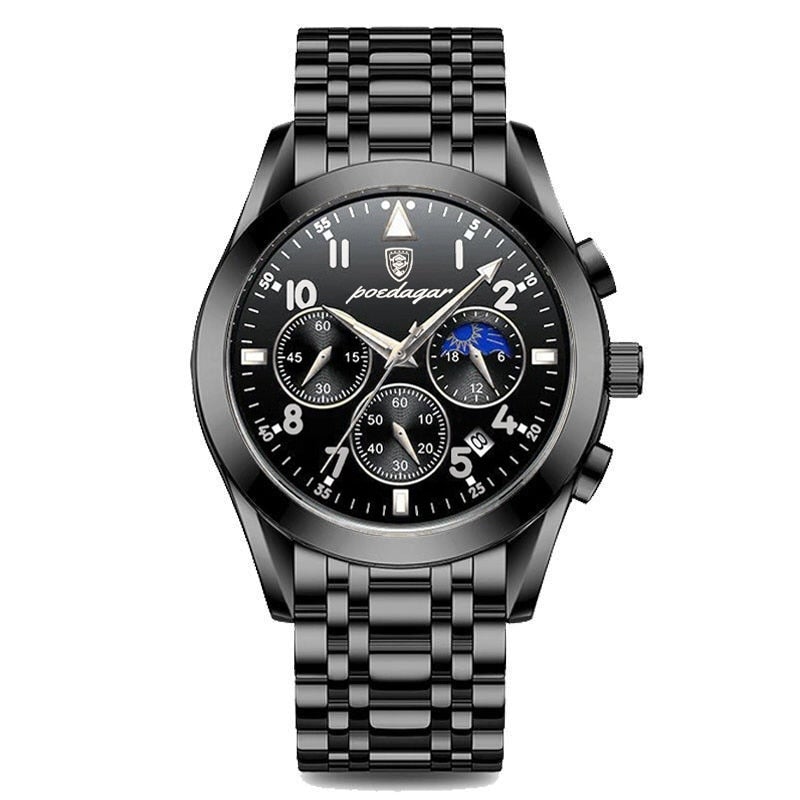Men's Aventadori Collection chronograph watch in all-black stainless steel with a black dial, blue sub-dials, and a black metal link bracelet.