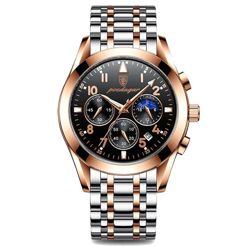 Front view of the Aventadori men's chronograph watch with rose gold accents and stainless steel band, featuring a black dial, three sub-dials, and a moon phase indicator, on a white background.