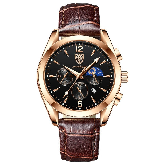 Aventadori men's watch in rose gold with a black dial, chronograph subdials, moon phase, and a brown crocodile-patterned leather strap, isolated on a white background.