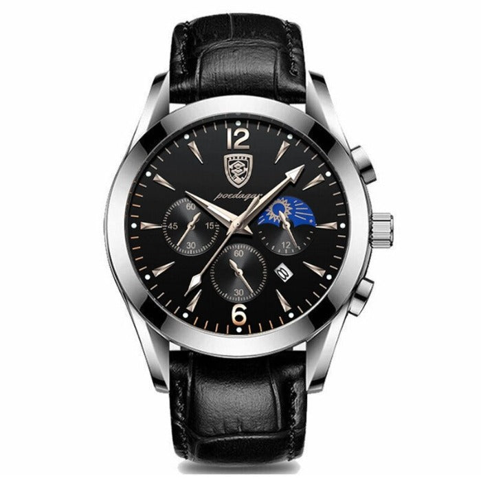 Aventadori men's watch, silver black variant, featuring a silver case, black dial with chronograph subdials and moon phase, and a black crocodile-patterned leather strap, isolated on a white background.