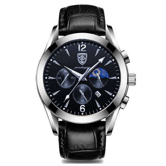Aventadori men's watch in rose gold with a black leather strap, featuring a silver case, black chronograph dial, silver hour markers, and a date window, shown from a top-down perspective.