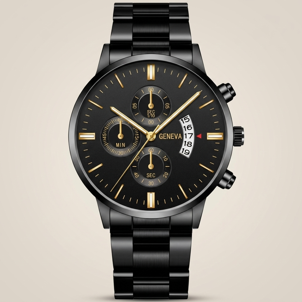 3 o'clock date black gold Alloy Round Analog Digital Calendar Screw-Down Crown Steel Band Quartz Watch close-up showing digital display and calendar window
