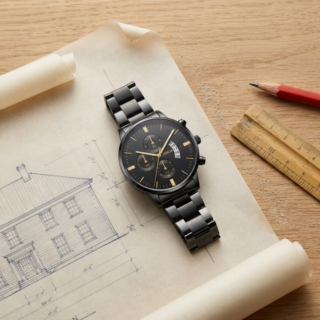 3 o'clock date black gold Alloy Round Analog Digital Calendar Screw-Down Crown Steel Band Quartz Watch lifestyle scene on architect parchment with blue light