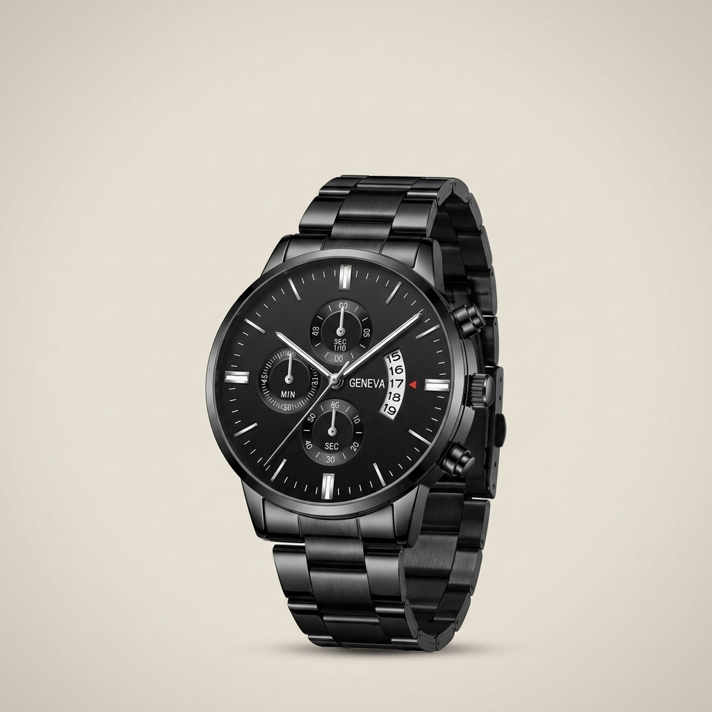 3 o'clock date black silver Alloy Round Analog Digital Calendar Screw-Down Crown Steel Band Quartz Watch eye-level wide angle showing screw-down crown