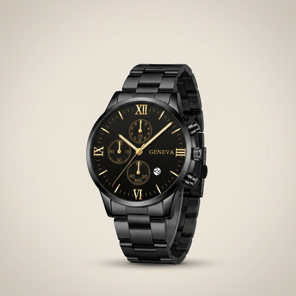 3 o'clock date gold Alloy Round Analog Digital Calendar Screw-Down Crown Steel Band Quartz Watch front view showing round dial and steel band