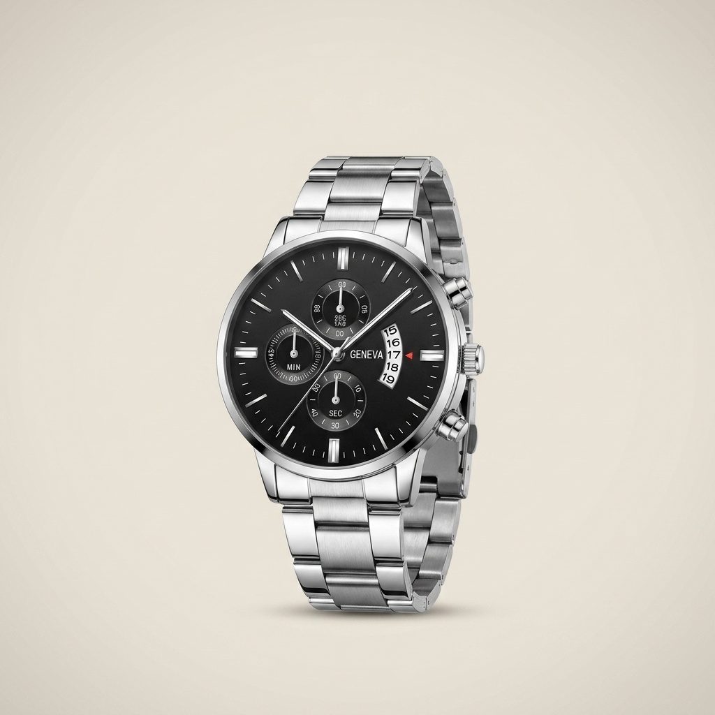 3 o'clock date silver black Alloy Round Analog Digital Calendar Screw-Down Crown Steel Band Quartz Watch ambient room lit showing analog digital display