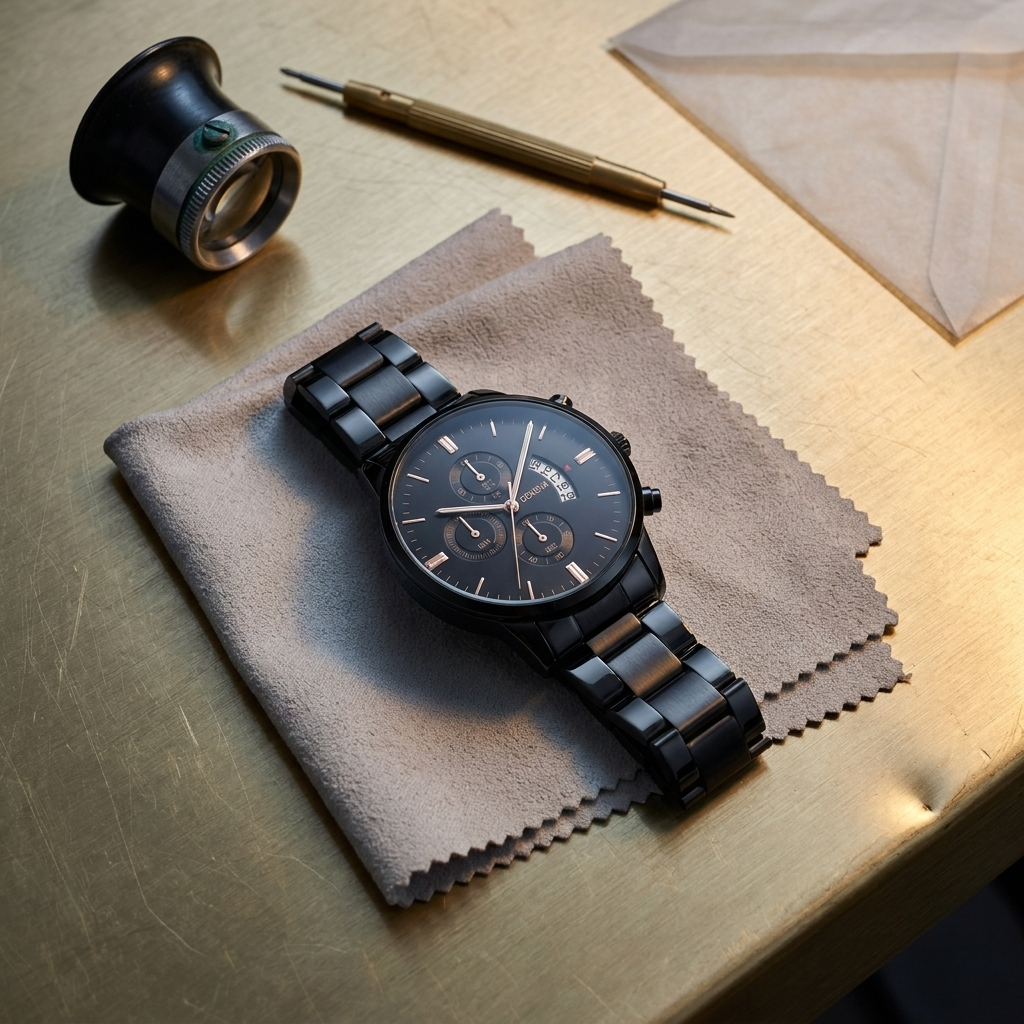 4 o'clock date black gold Alloy Round Analog Digital Calendar Screw-Down Crown Steel Band Quartz Watch lifestyle scene on atelier brass workbench with ambient light