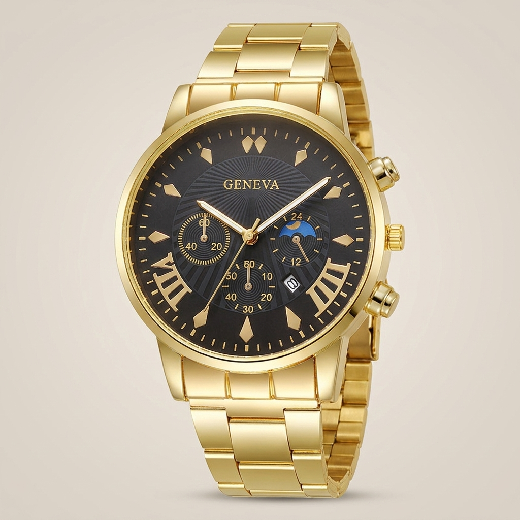 Black case black dial Alloy Round Analog Digital Calendar Screw-Down Crown Steel Band Quartz Watch three-quarter angle showing screw-down crown