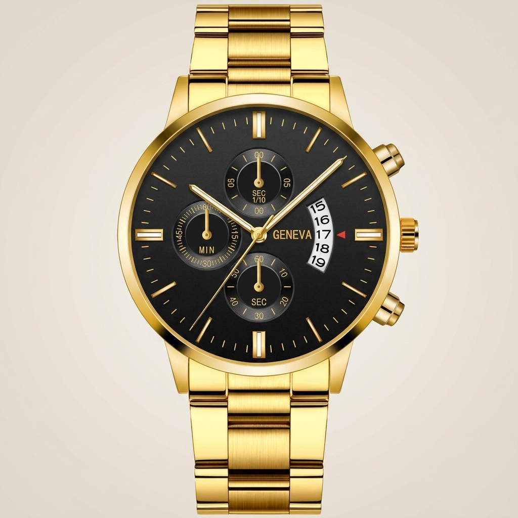 Gold case black dial Alloy Round Analog Digital Calendar Screw-Down Crown Steel Band Quartz Watch front view showing gold steel bracelet and round dial