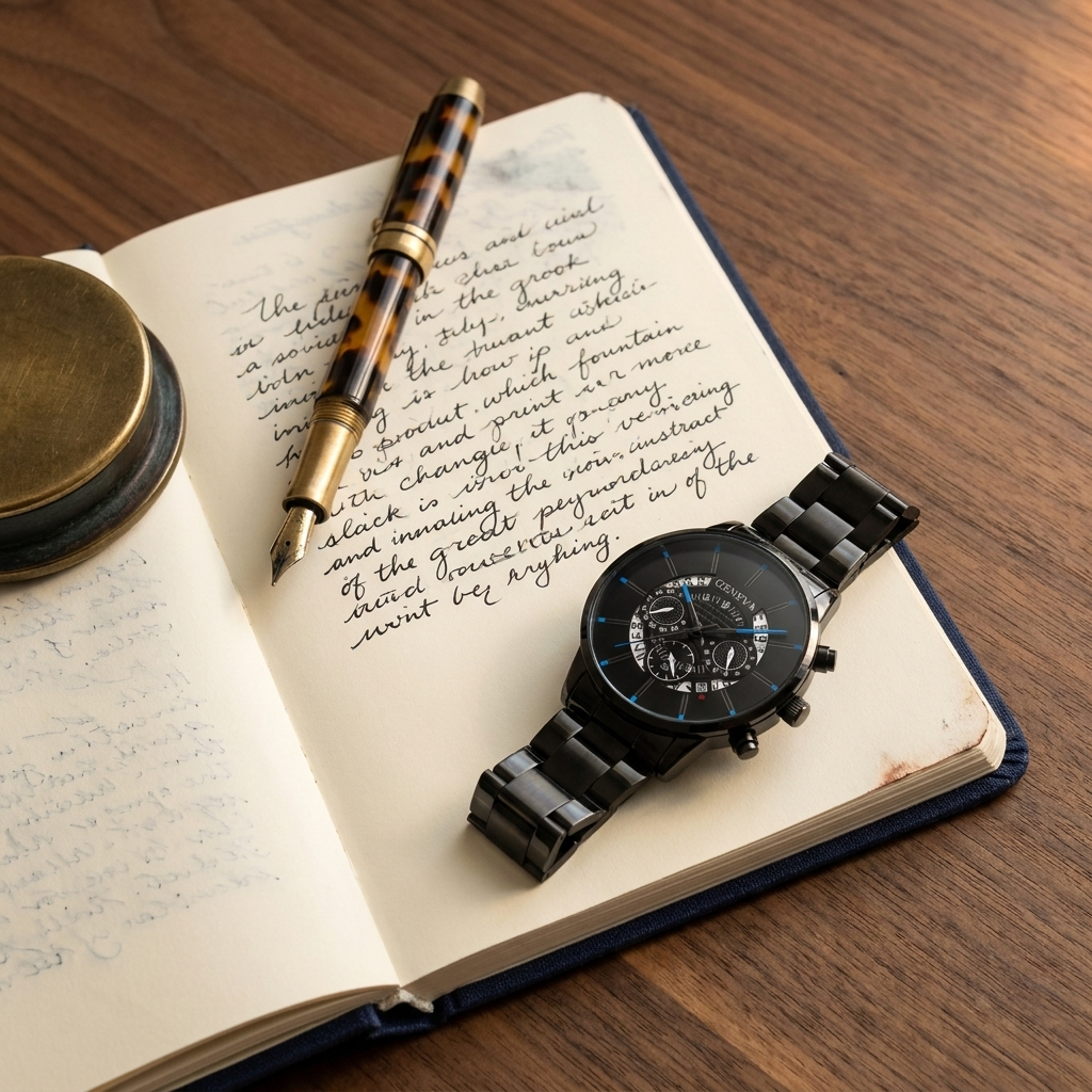 Hollow black blue Alloy Round Analog Digital Calendar Screw-Down Crown Steel Band Quartz Watch lifestyle scene on open hardcover notebook eye-level wide angle