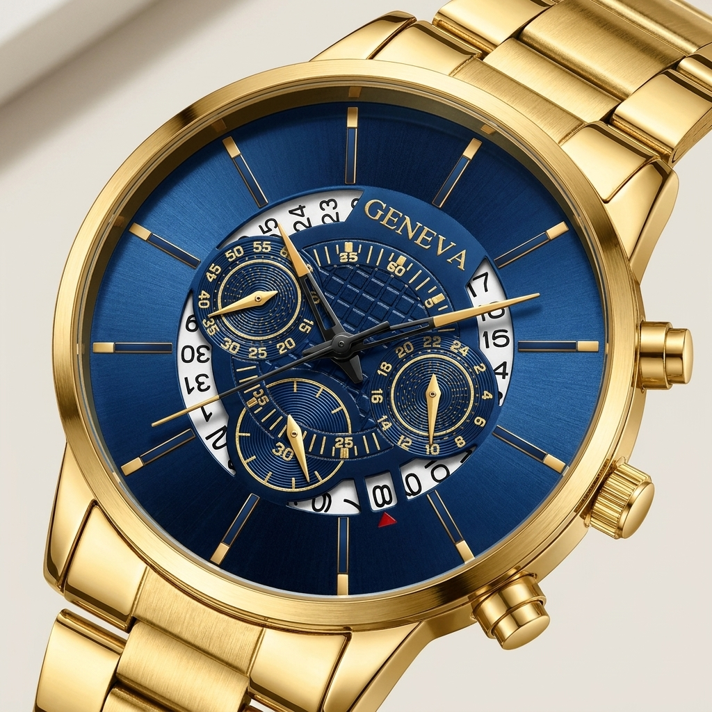 Hollow gold Alloy Round Analog Digital Calendar Screw-Down Crown Steel Band Quartz Watch front detail close-up showing round dial and screw-down crown