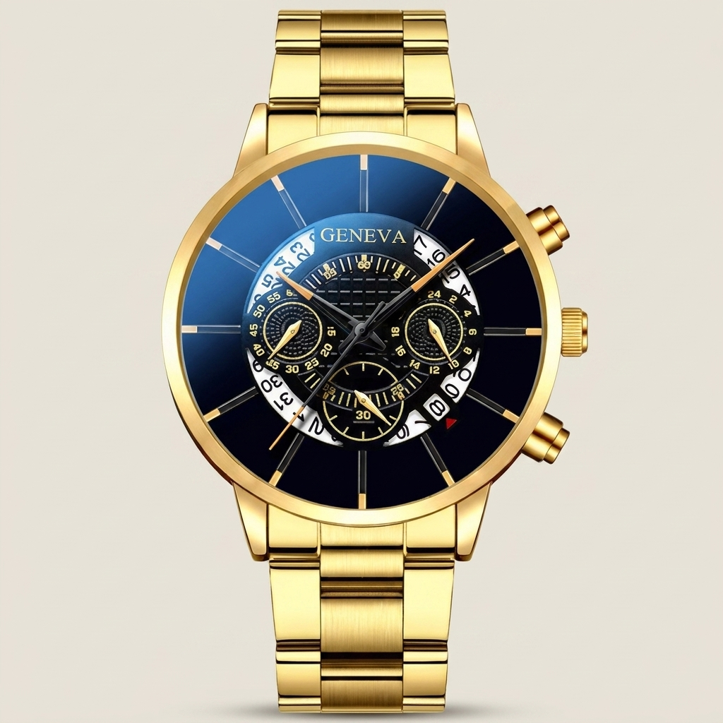 Hollow gold Alloy Round Analog Digital Calendar Screw-Down Crown Steel Band Quartz Watch front view showing round dial and screw-down crown
