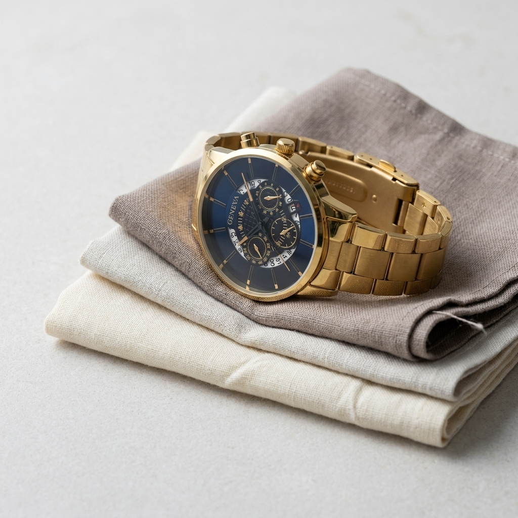 Hollow gold Alloy Round Analog Digital Calendar Screw-Down Crown Steel Band Quartz Watch lifestyle scene on linen pocket square with warm light close-up