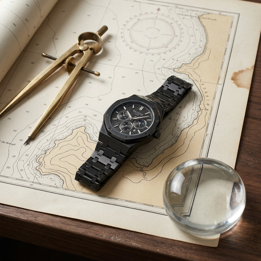Black Alloy Round Glow-in-the-Dark Quartz Waterproof Analog Calendar Watch three-quarter angle lifestyle on desk with brass accents and ambient light