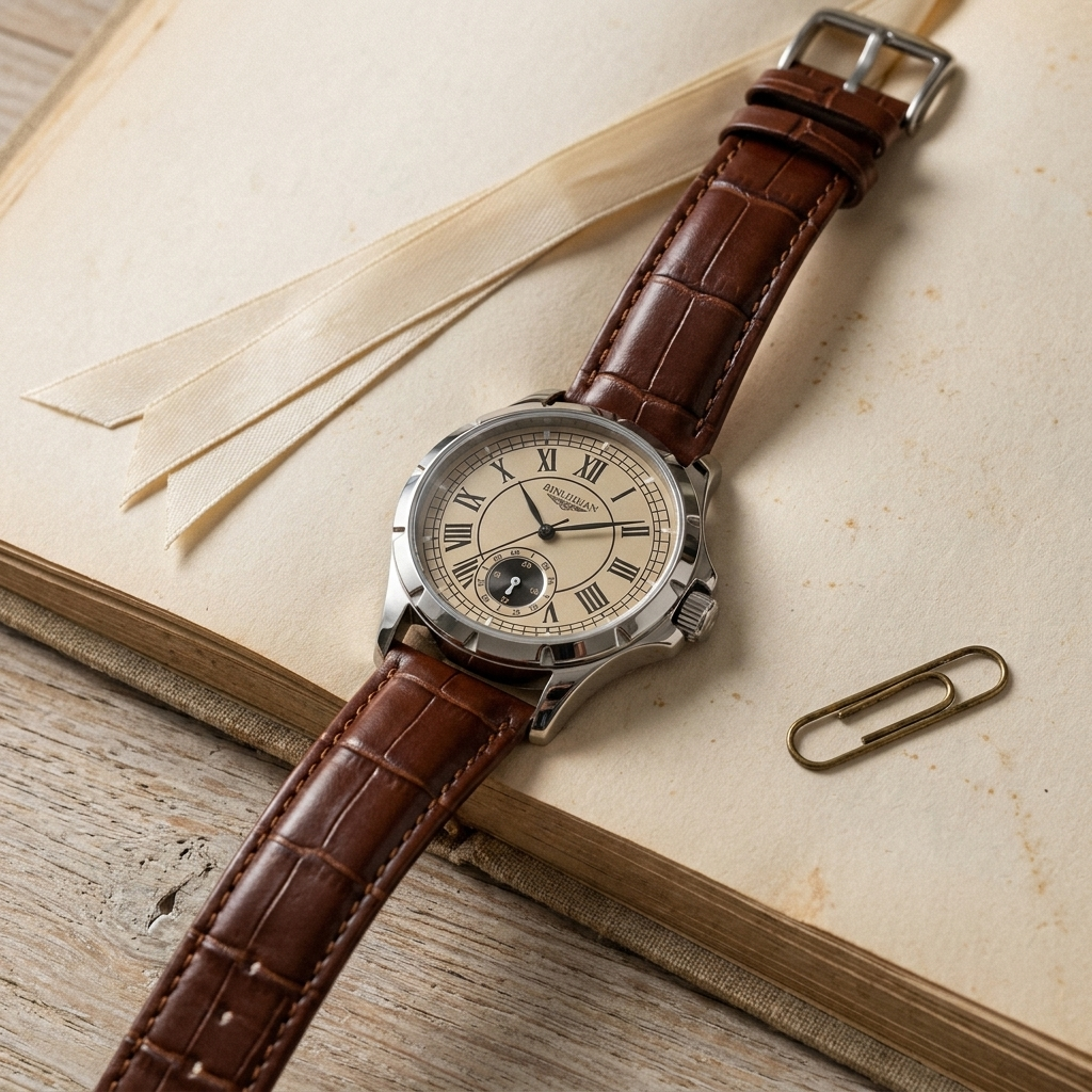 Alloy round high-strength mineral glass quartz analog men’s watch with leather strap in ambient room on open linen notebook with dimmed light