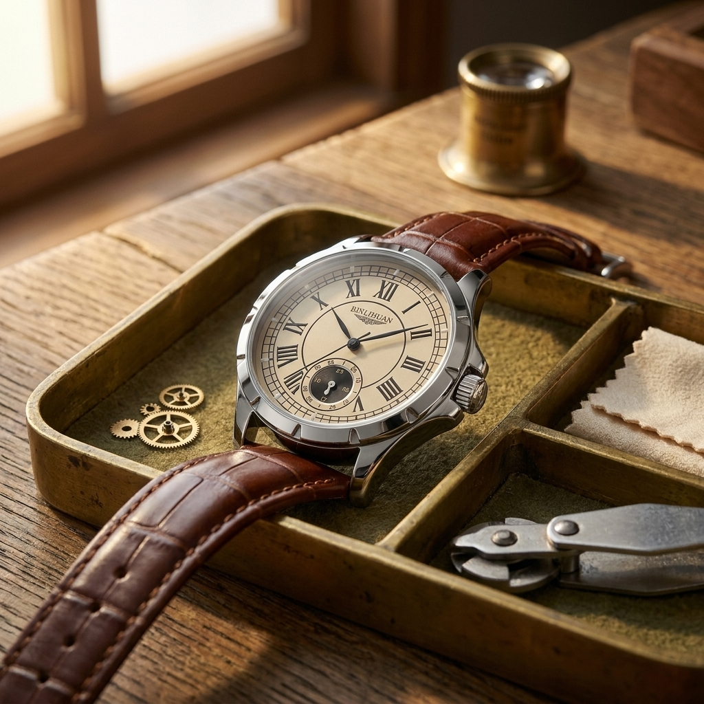 Alloy round high-strength mineral glass quartz analog men’s watch with leather strap at three-quarter angle on brushed alloy watchmaker desk