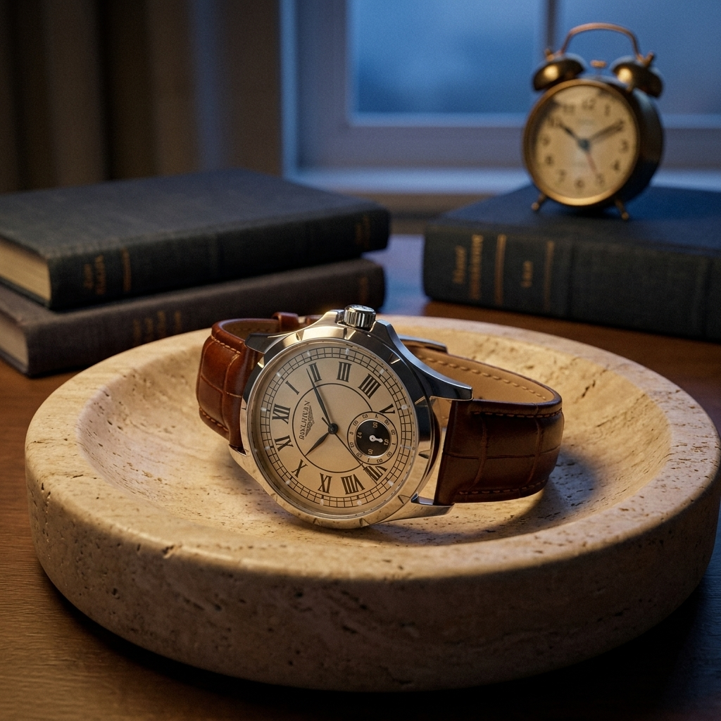 Alloy round high-strength mineral glass quartz analog men’s watch with leather strap top-down on travertine catch dish showing mineral glass close-up
