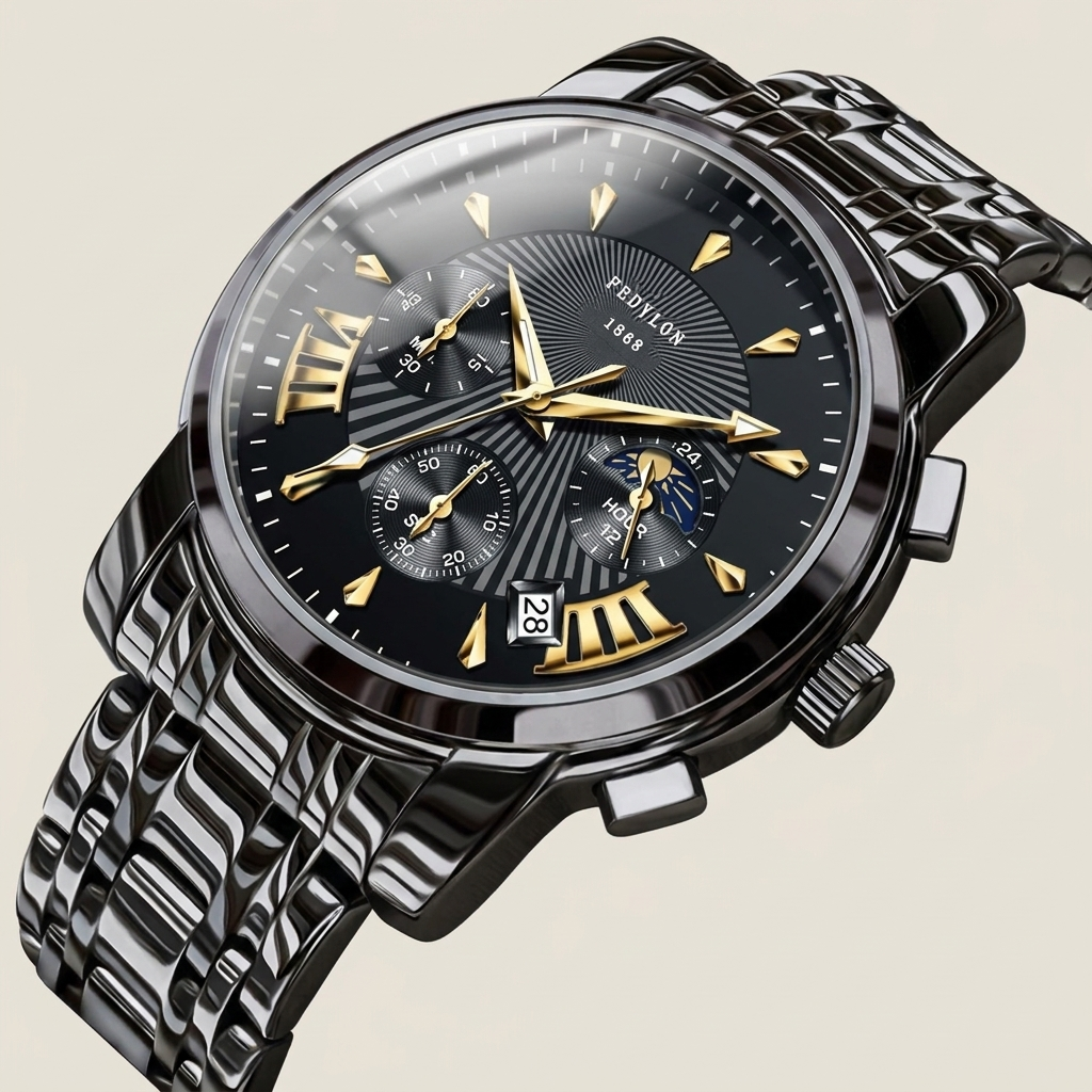 Front view of Alloy Round Quartz watch with black case and black dial showing analog display under mineral glass crystal