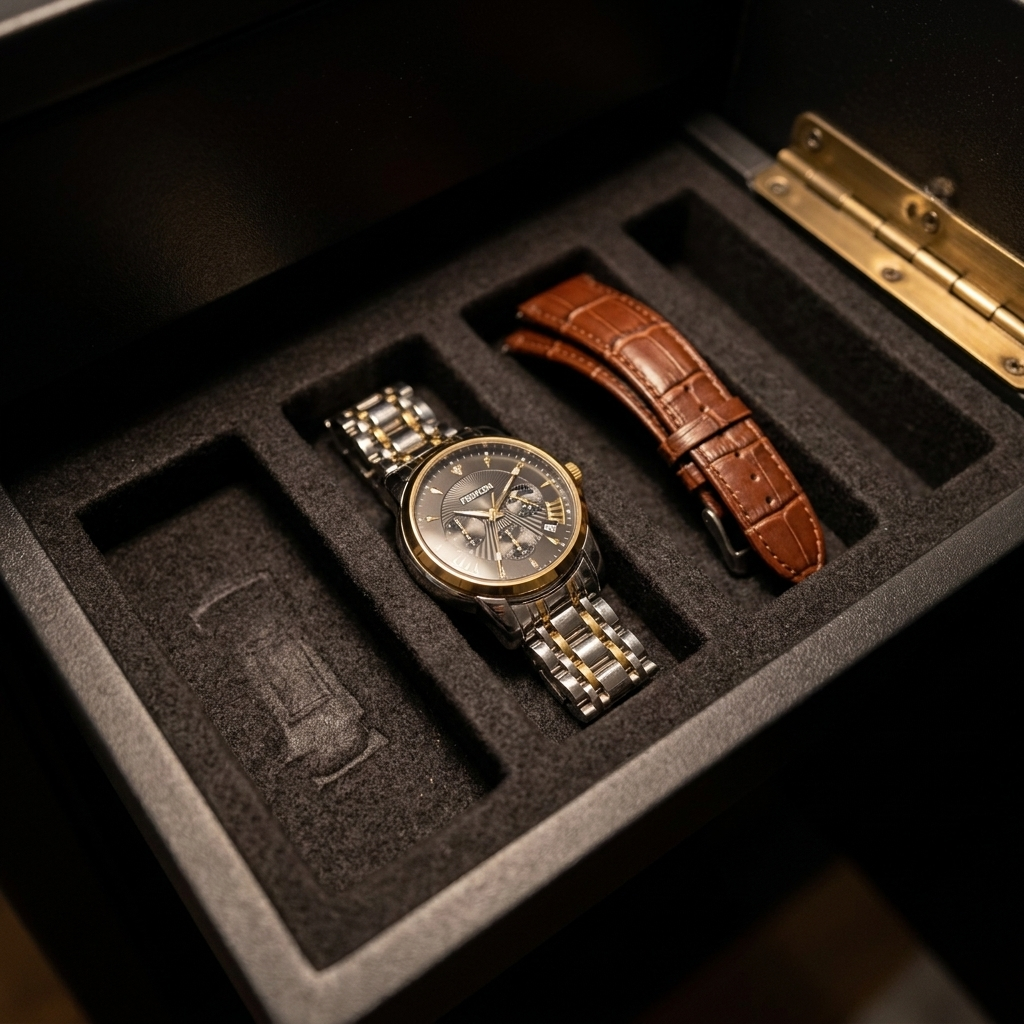Close-up lifestyle shot of black dial Alloy Round Quartz watch inside felt-lined safe vault drawer showing luminous hands