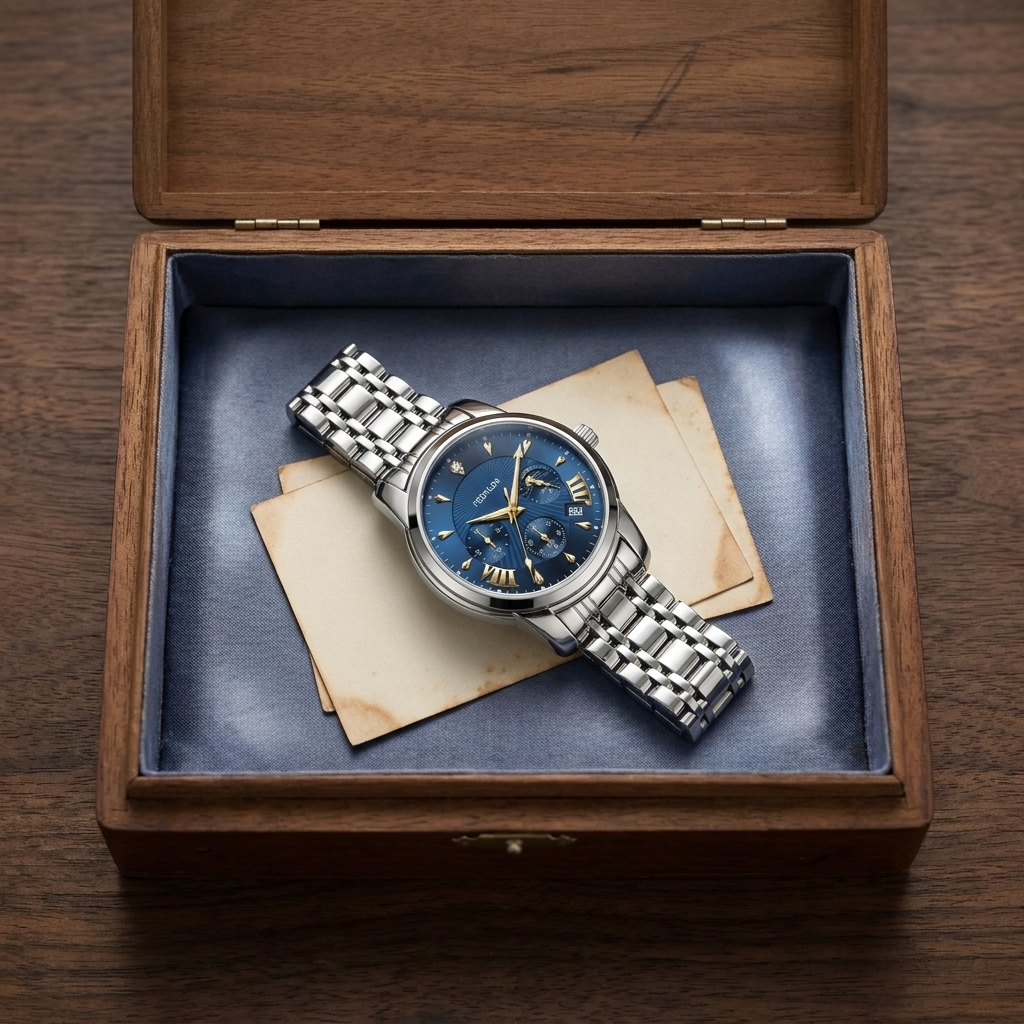 Lifestyle close-up of black dial Alloy Round Quartz watch resting on vintage cigar box showing metallic finish and luminous hands