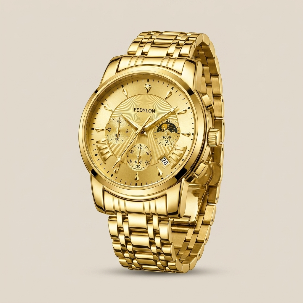 Close-up of gold dial Alloy Round Quartz watch highlighting luminous markers and mineral-strengthened glass on 40mm case