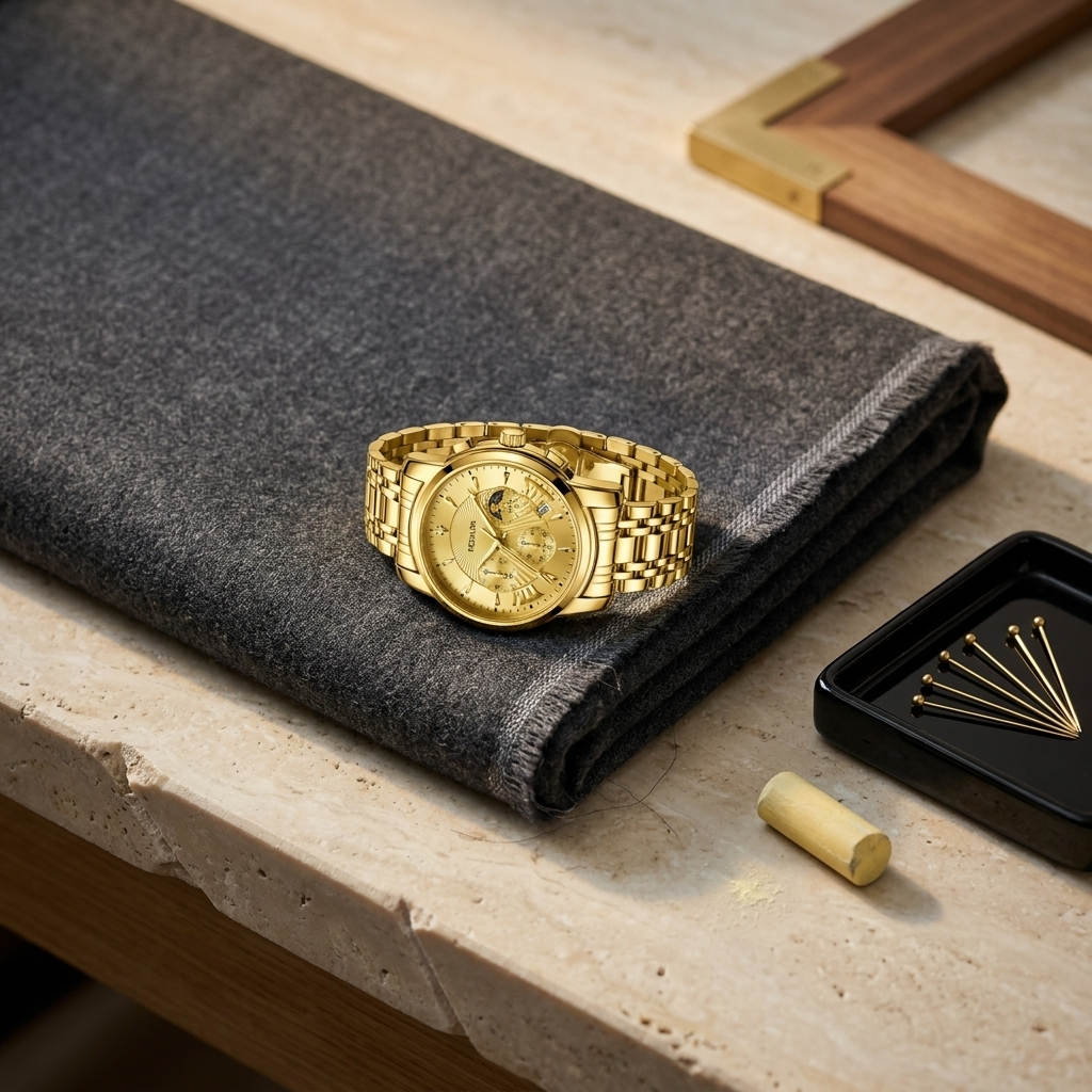 Lifestyle image of gold dial Alloy Round Quartz watch placed on wool bolt in tailor’s atelier highlighting polished finish