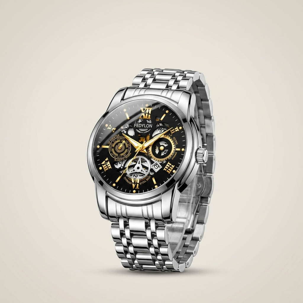 Close-up of silver case watch with black dial featuring luminous hands and three-hand subdial on mineral glass crystal