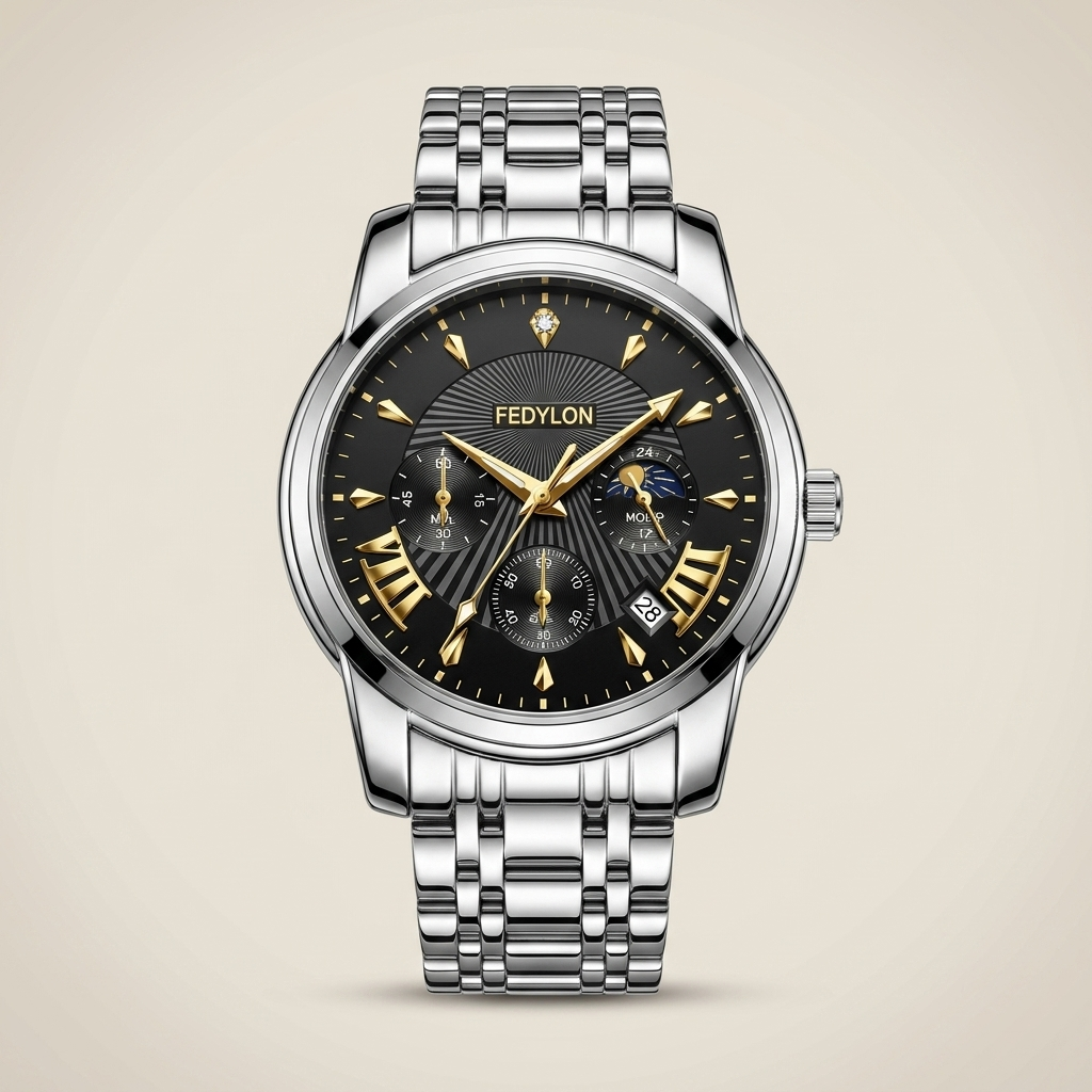 Three-quarter angle of Alloy Round Quartz watch with silver case and black dial featuring stainless steel band and 10mm thickness