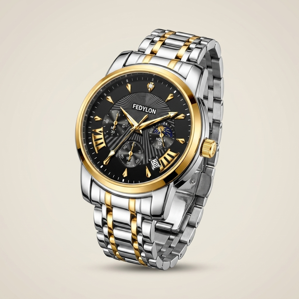 Detail shot of Alloy Round Quartz watch with two-tone gold case and black dial showing skeleton mechanism and luminous hands