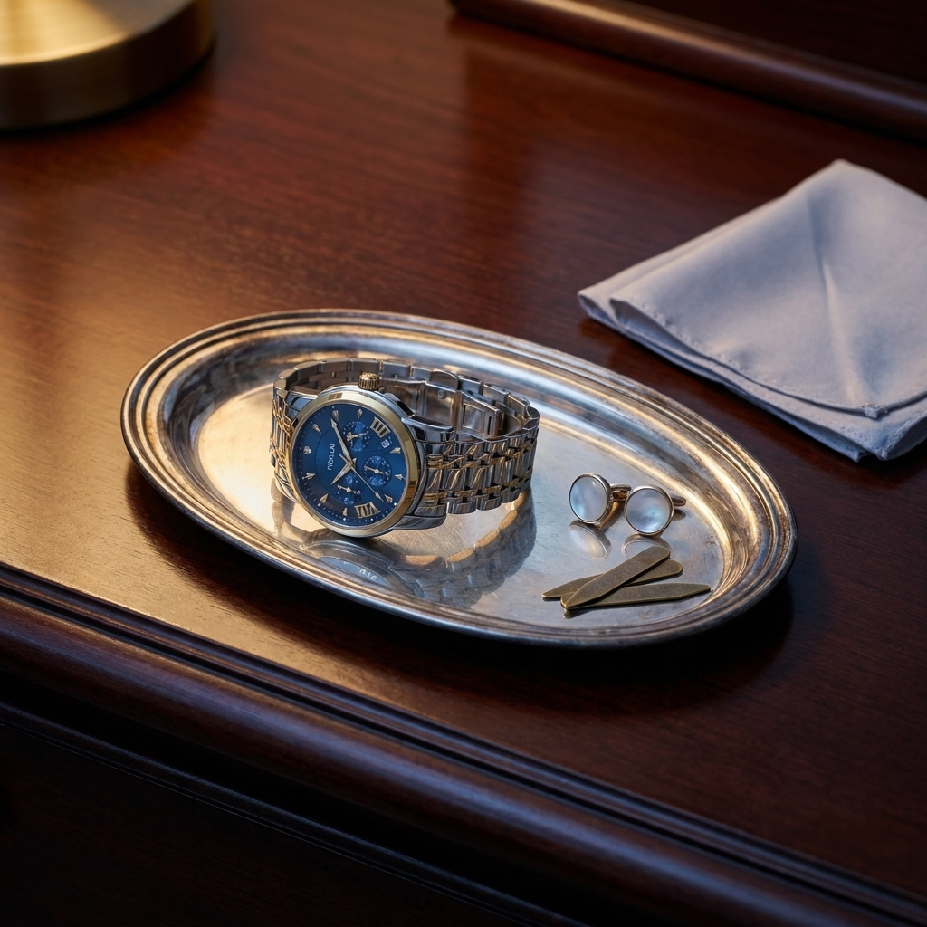 Lifestyle scene of two-tone gold and black dial Alloy Round Quartz watch on gentleman’s dressing table valet with warm lighting