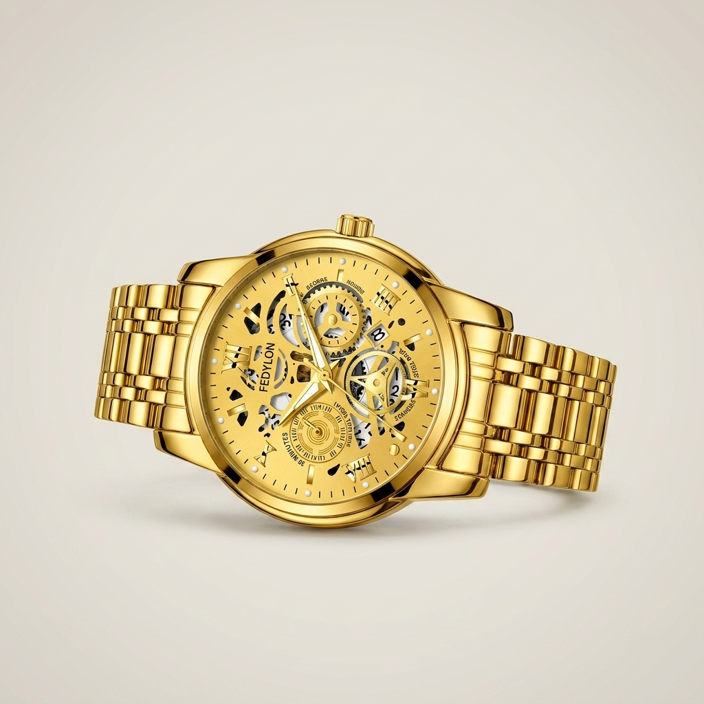 Front view of two-tone gold and white dial Alloy Round Quartz watch showing analog display and fold-over clasp