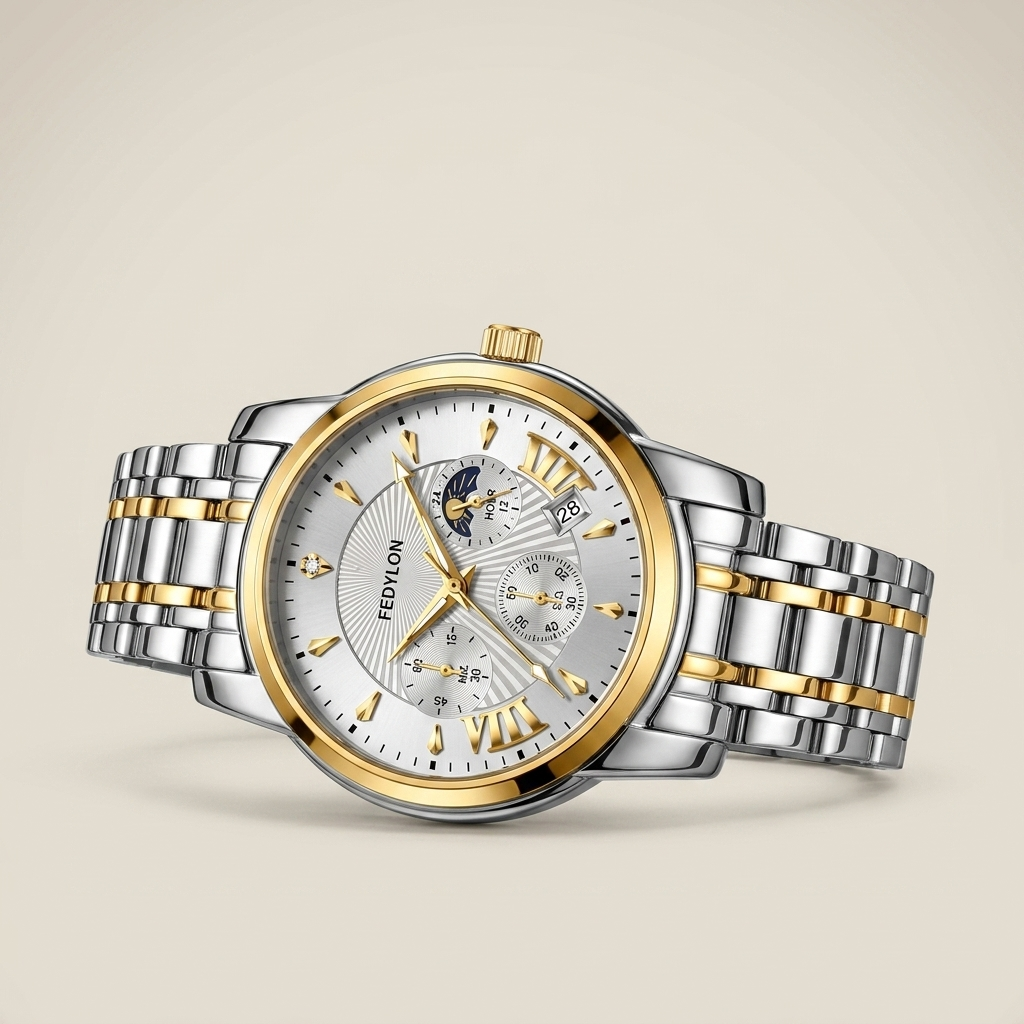 Three-quarter angle of two-tone gold and white dial Alloy Round Quartz watch highlighting water resistance and luminous hands