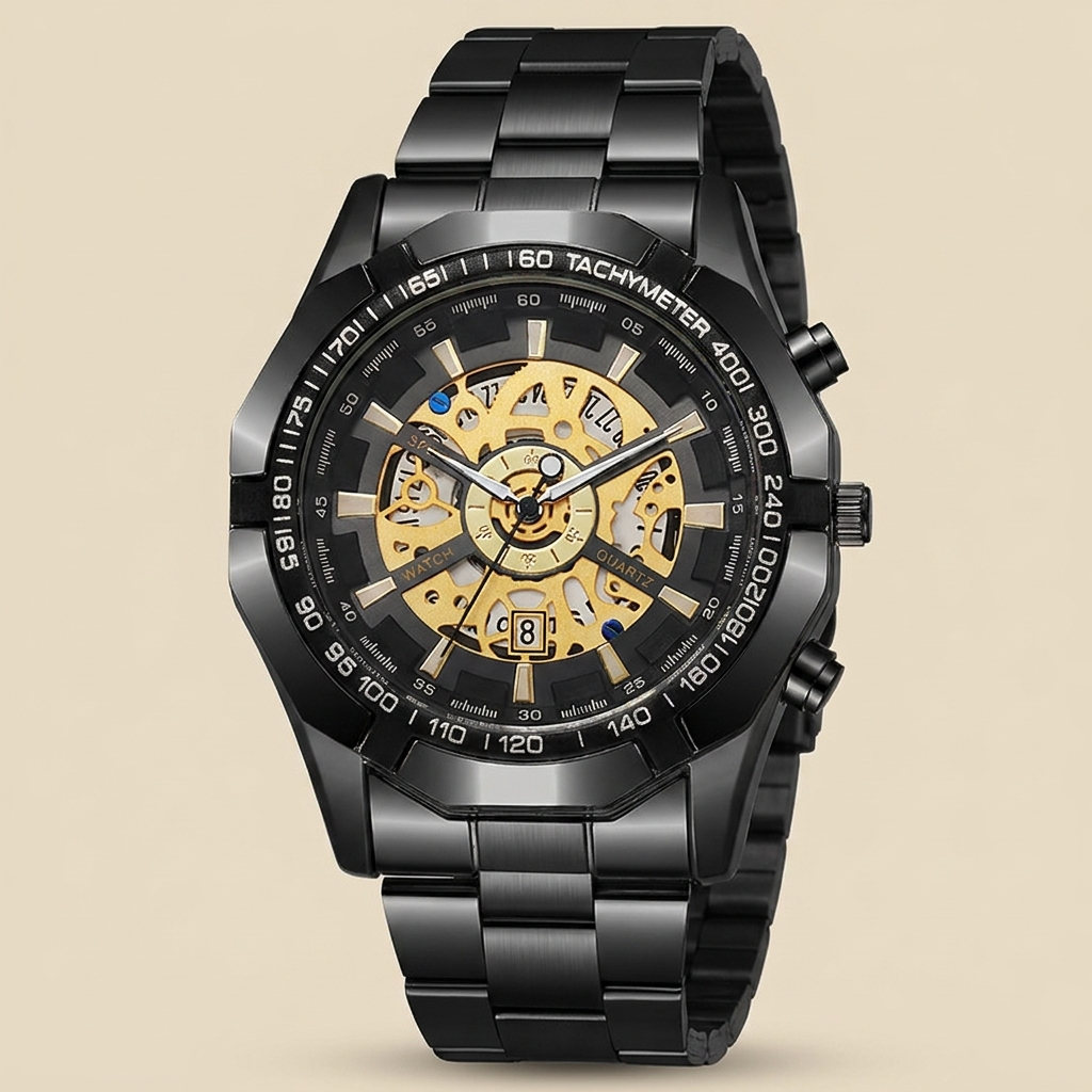 Black case wristwatch with gold skeleton dial shown front view with organic glass crystal and calendar window visible