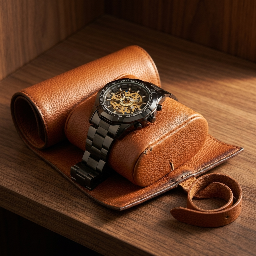 Close-up of black case wristwatch with gold skeleton dial inside open leather watch roll showing detailed openwork dial and calendar