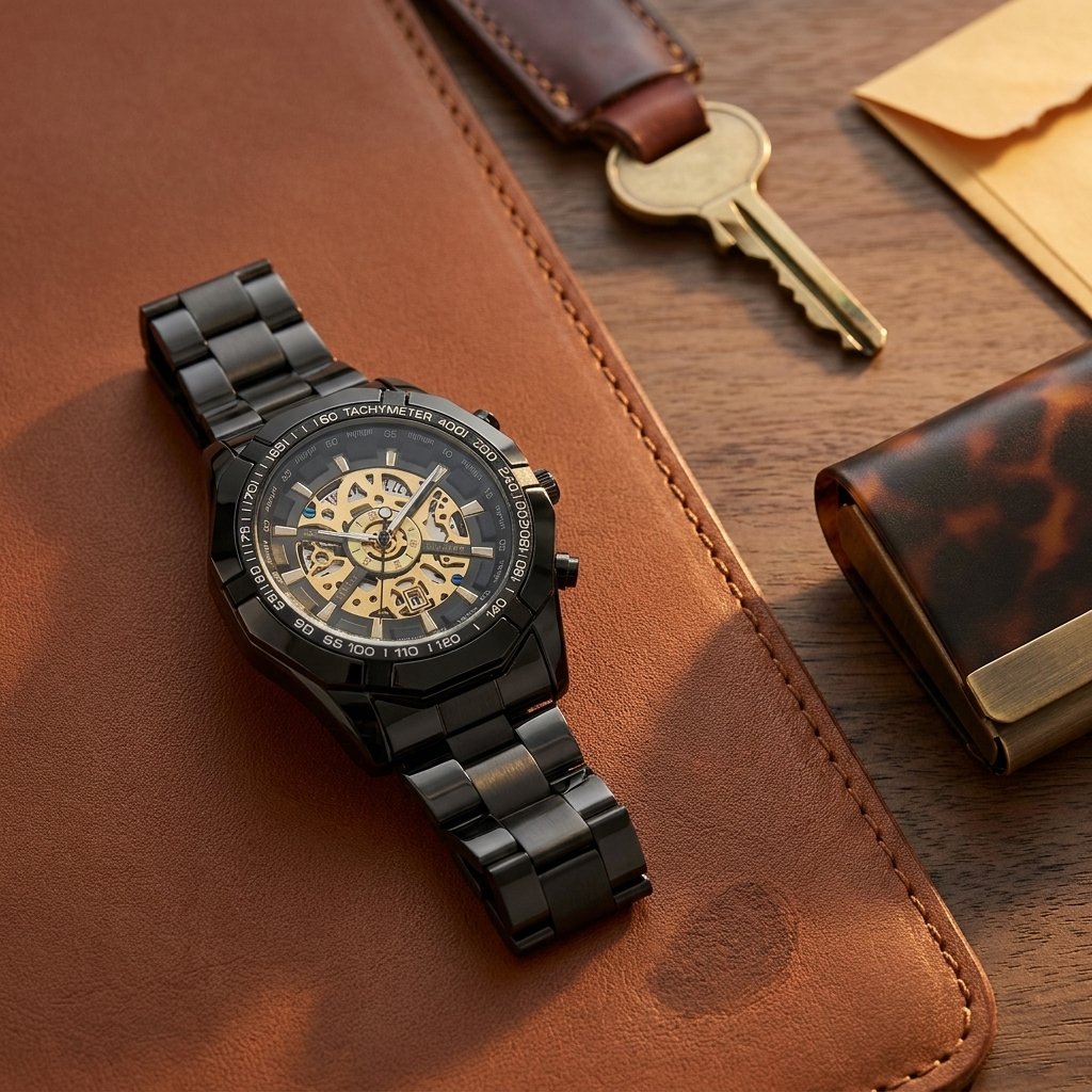 Black case wristwatch with gold skeleton dial on saddle leather desk in warm matte lighting showing openwork dial details