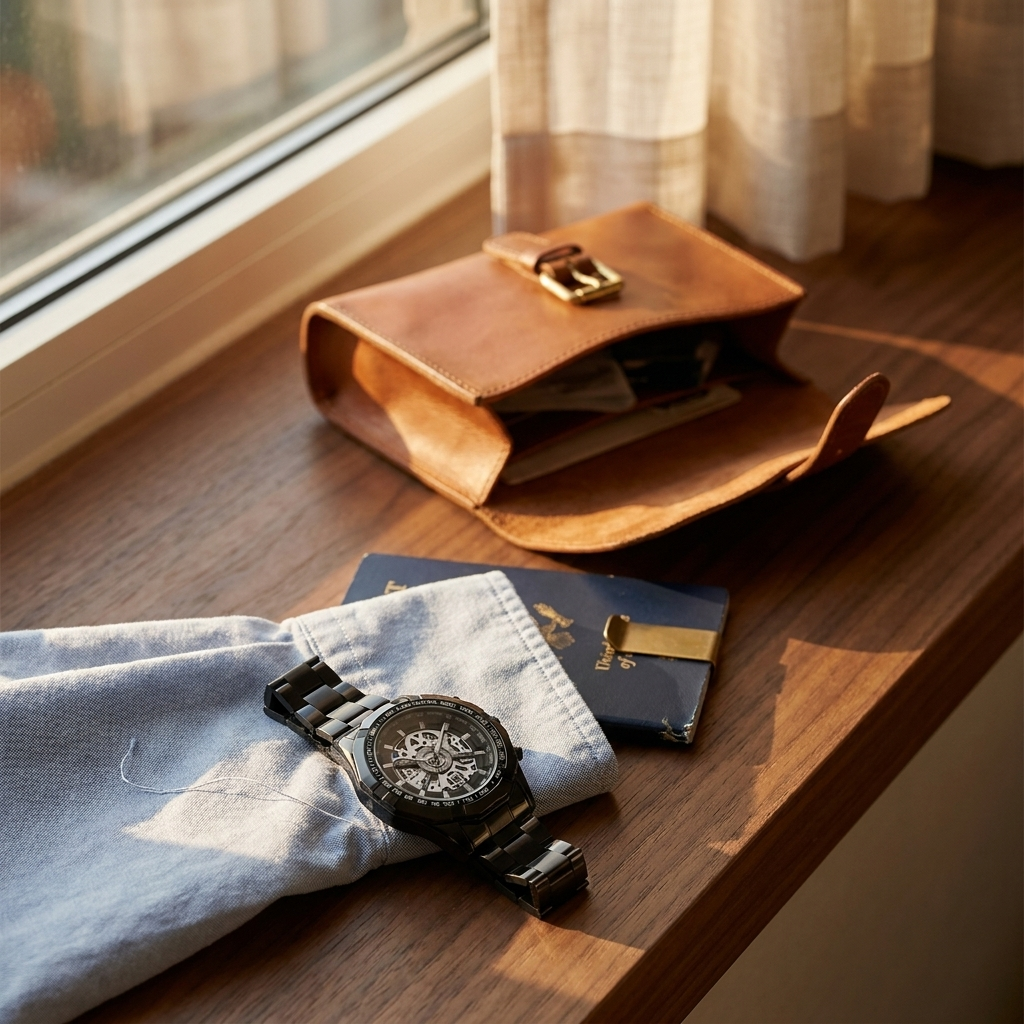 Black case wristwatch with silver skeleton dial on travel valet at hotel ledge shown in eye-level wide view with polished bracelet visible