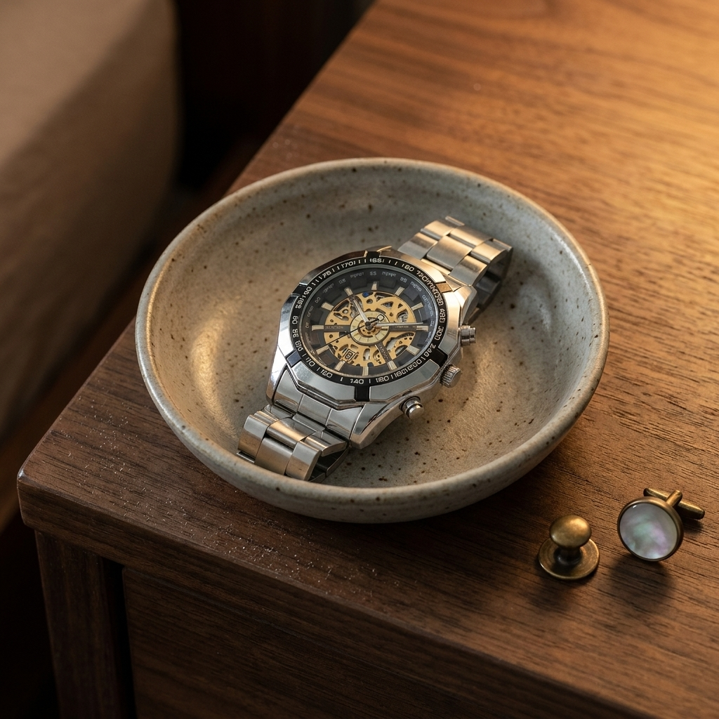 Silver case wristwatch with gold skeleton dial resting beside ceramic catch on bedside table with dimmed lighting accentuating dial