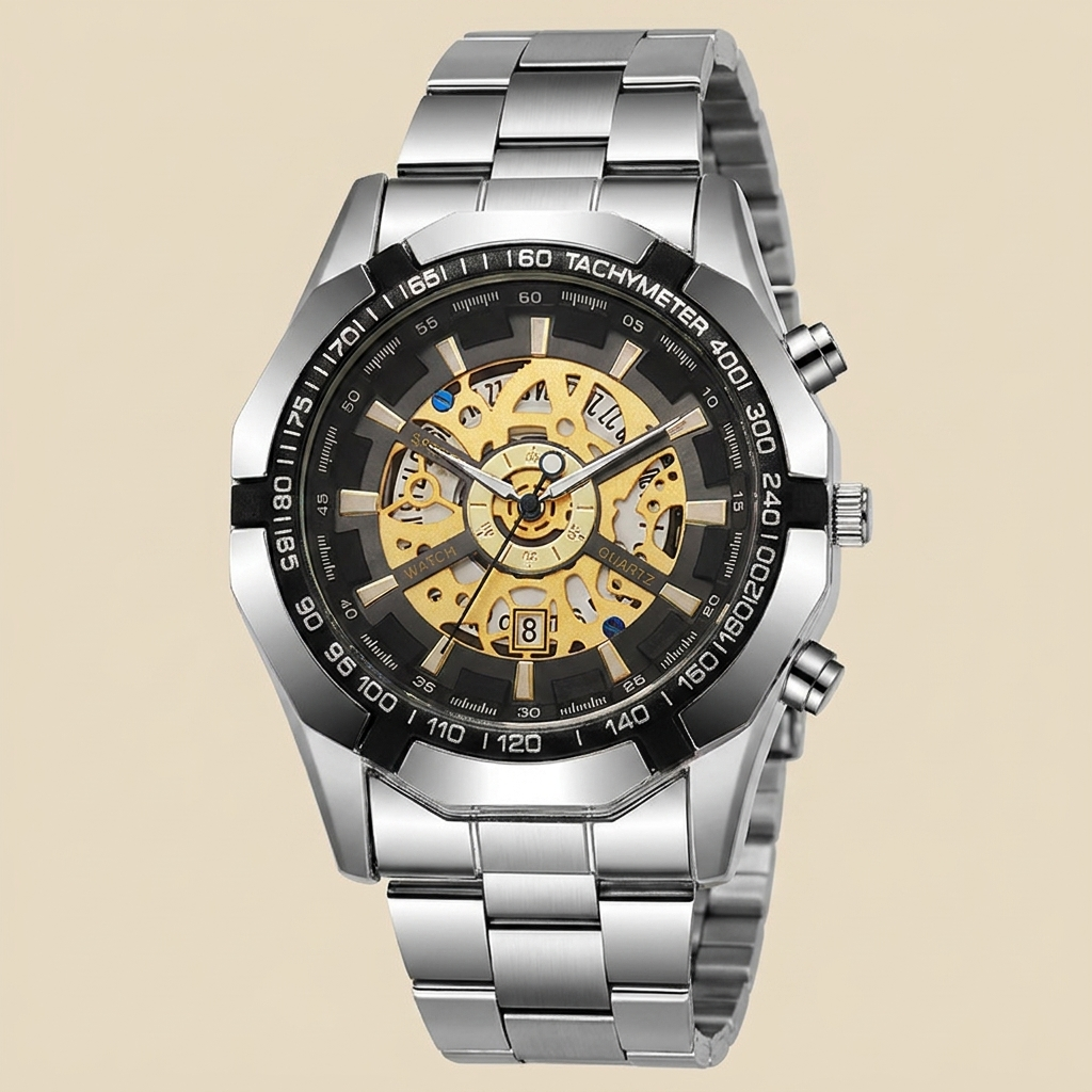 Silver case wristwatch with gold skeleton dial shown side profile featuring flat conical crown and tachymeter bezel scale