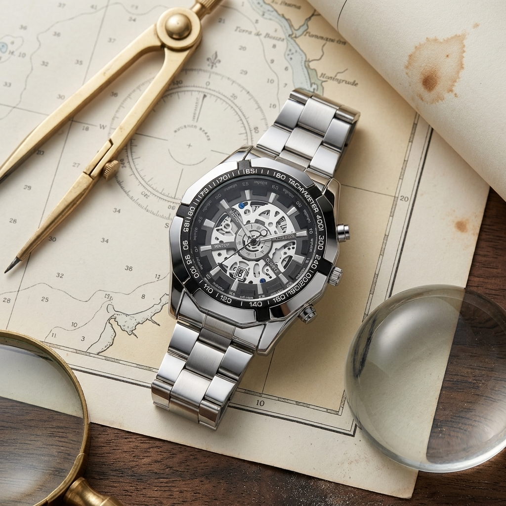 Silver case wristwatch with silver skeleton dial on mariner chart desk featuring brass accent and soft ambient lighting