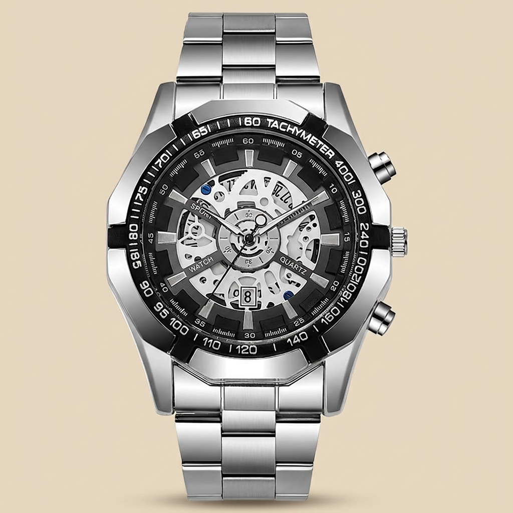 Silver case wristwatch with silver skeleton dial shown top-down view highlighting analog hands and calendar window