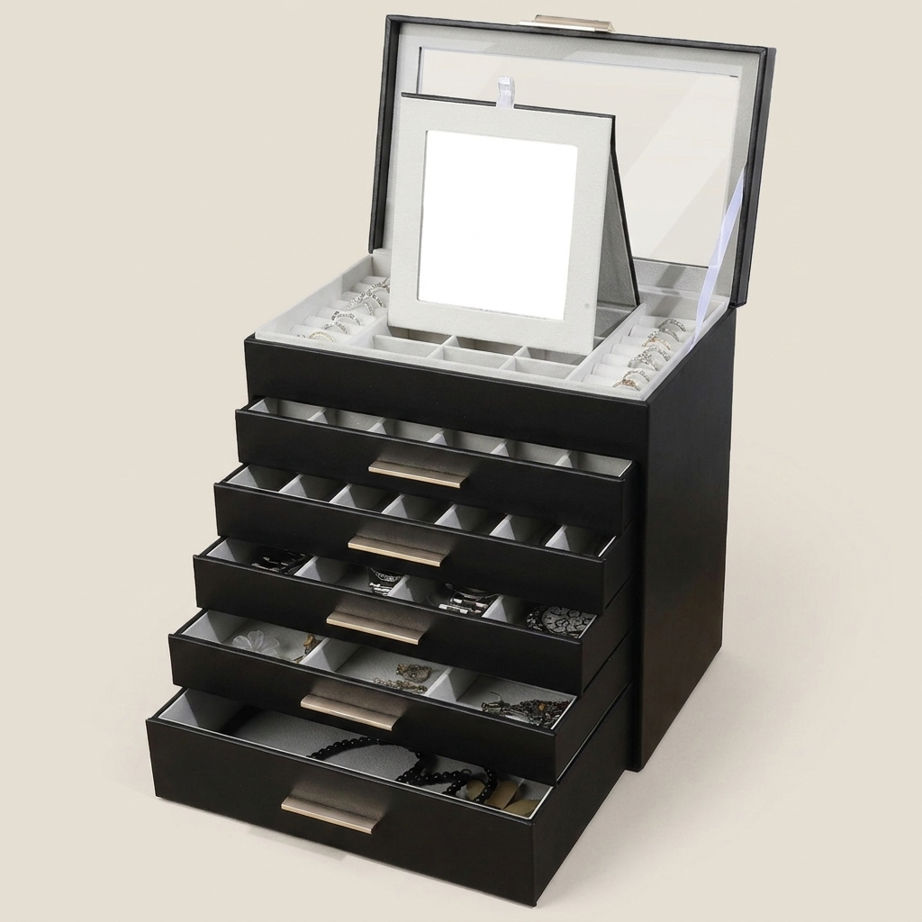 Detail shot of black PU leather jewelry box showing brass hardware and wooden handle against black PU leather