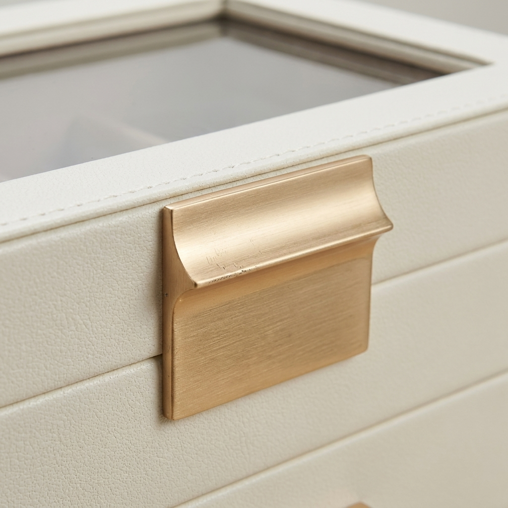 Close-up front detail of black PU leather sliding drawer jewelry box showing brass accent and textured leather