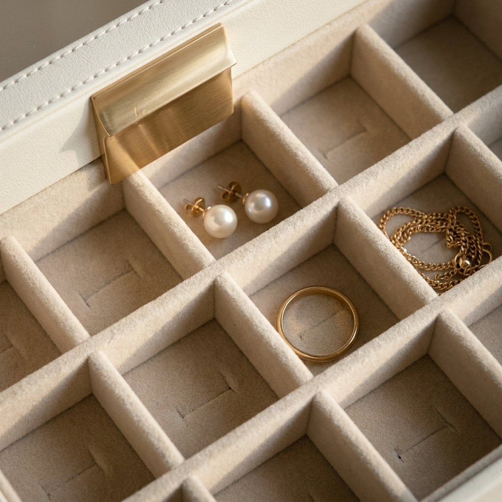 Macro lifestyle detail of black PU leather jewelry box tray grid showing brass hardware and compartment dividers