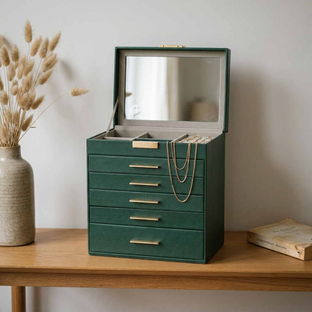 Black PU leather jewelry box with mirror lid open shown overhead on bedroom vanity in lifestyle scene