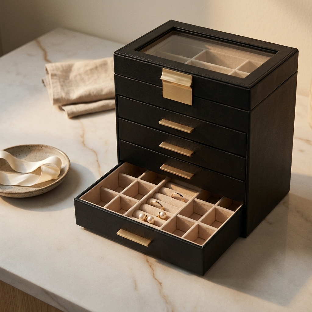 Black PU leather jewelry box lifestyle shot with one drawer open at three-quarter angle in bedroom setting