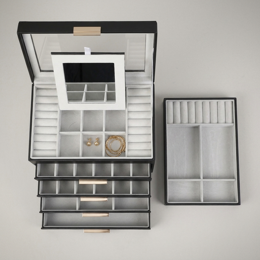 Top-down flat lay lifestyle shot of black PU leather jewelry box with glass top and organized compartments