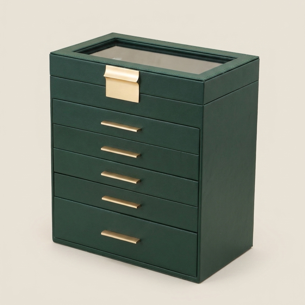 Side profile of black PU leather sliding drawer jewelry box highlighting brass-tone metal hardware and sleek black finish